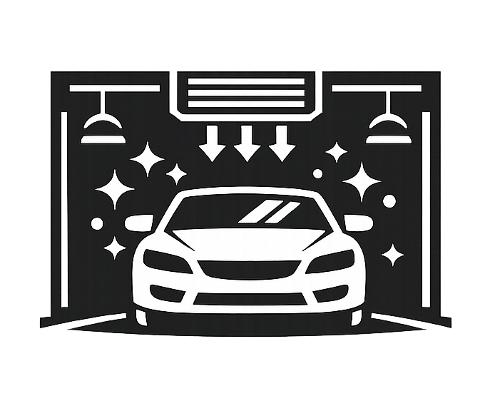 Silhouette of a car inside a car wash with brushes, water spray, and sparkles.