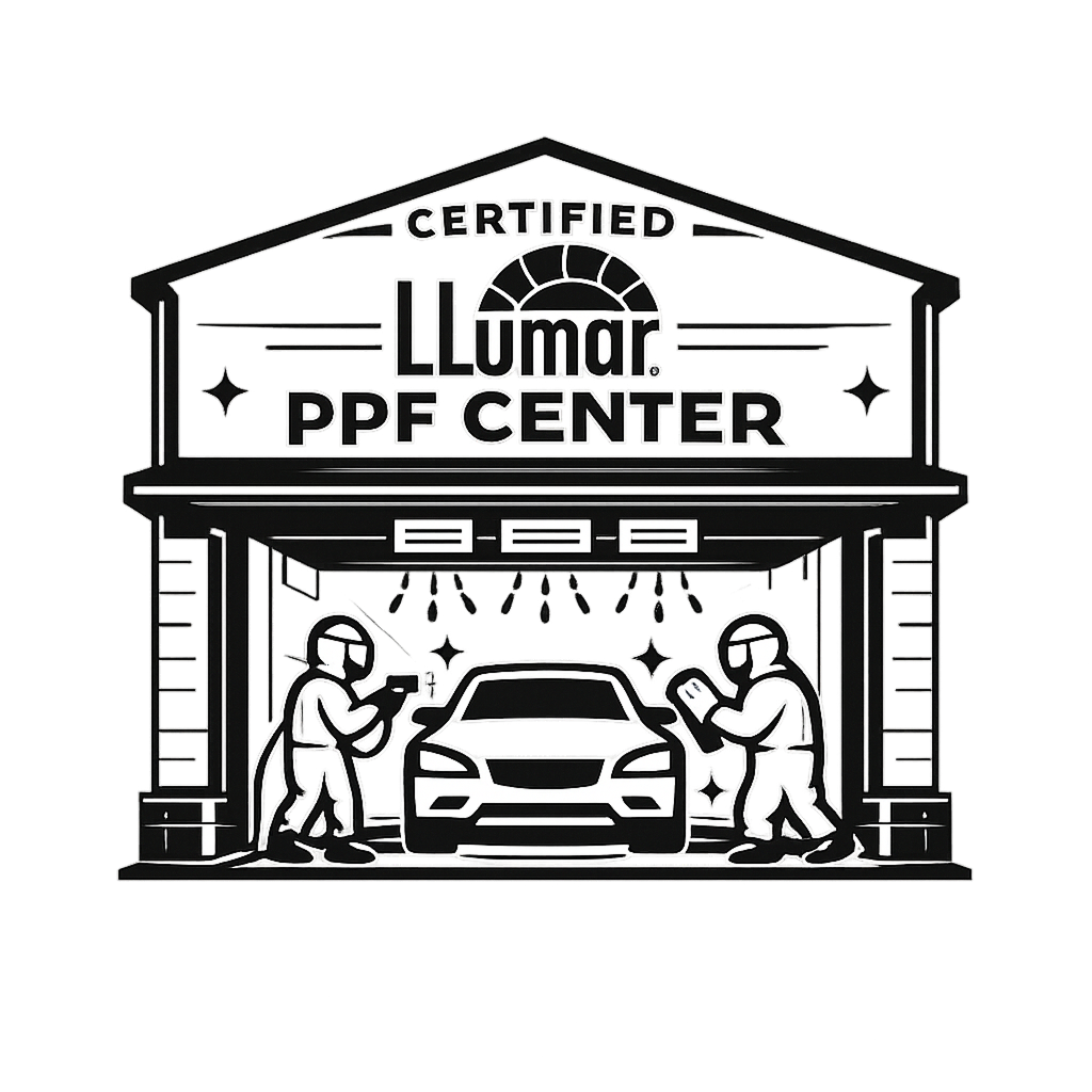 Illustration of a car wash with two workers cleaning a car, sign above reads 'Certified LLumar PPF Center'.