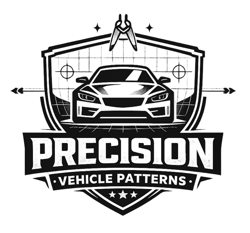 A black and white logo featuring a sports car in front of a shield with precision vehicle patterns, a pair of pliers at the top, and stars at the bottom, with the words 'Precision Vehicle Patterns' underneath.