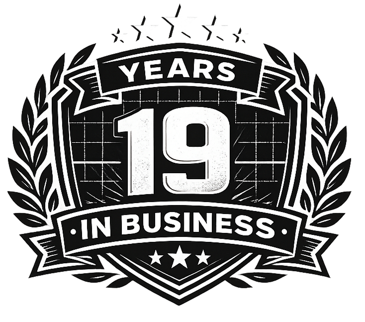 Celebrating 19 years in business, with a shield design featuring laurel branches, stars, and banners.
