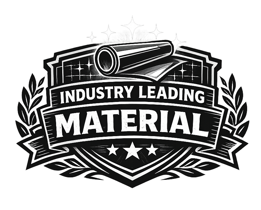 Black and white badge with a rolled-up material icon, the words "Industry Leading Material," surrounded by stars and laurel leaves.
