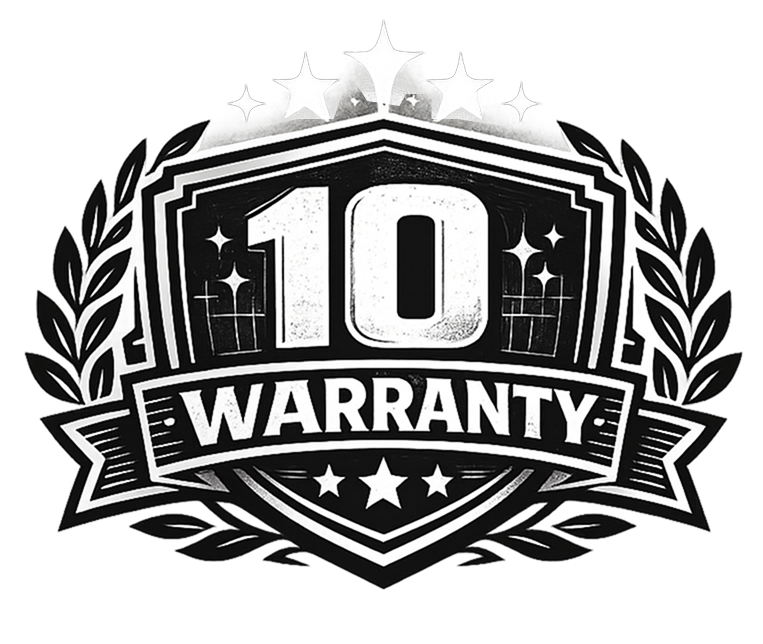 A black and white badge that says "10 WARRANTY" with stars and decorative elements.