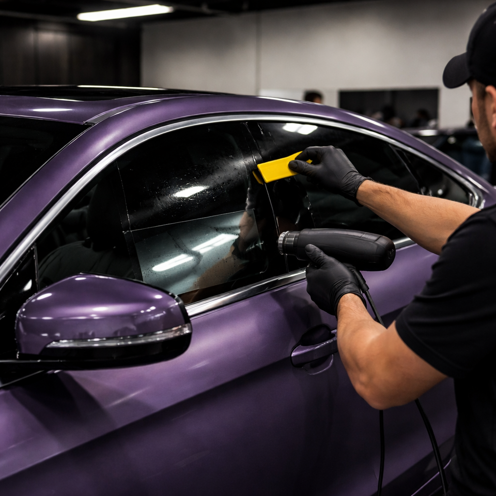 Person cleaning a purple car's window with a yellow scrub pad and a heat gun in an indoor setting.