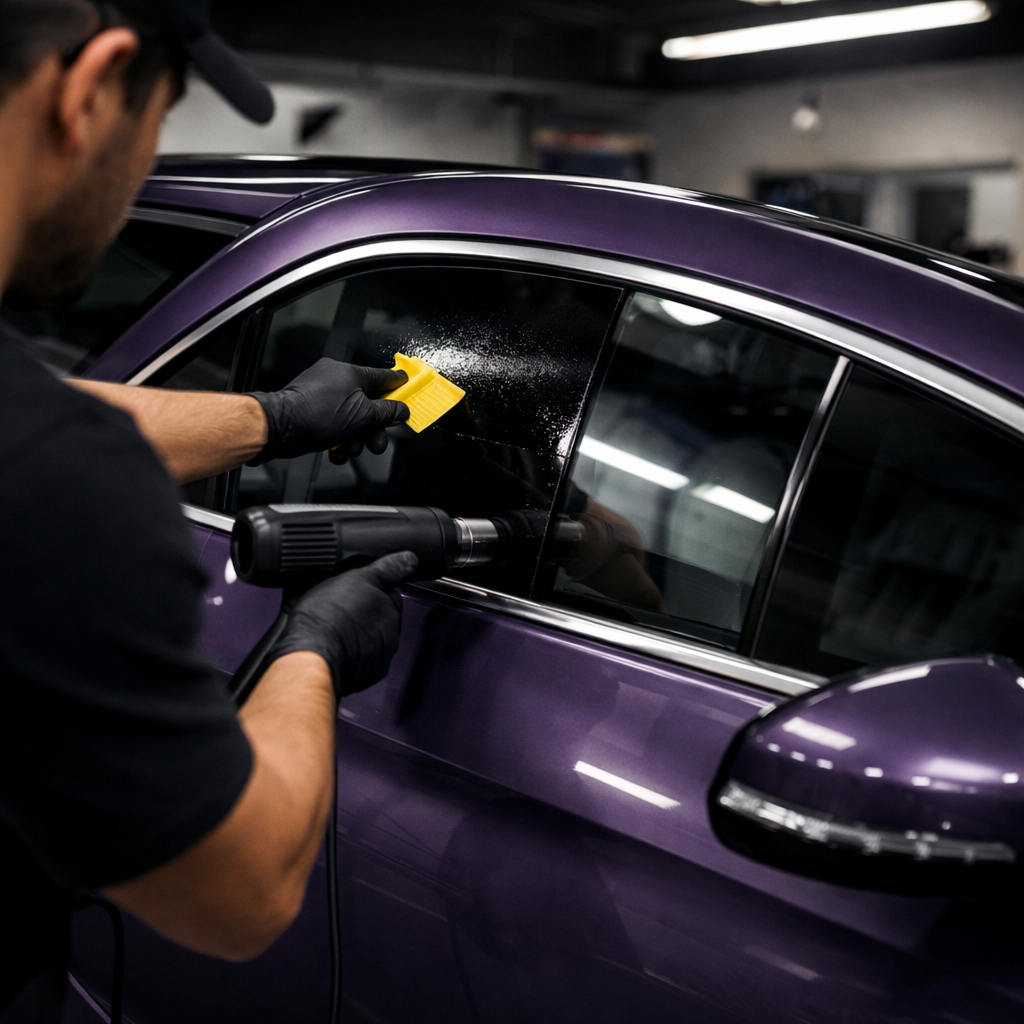 A person cleaning the window of a purple sports car with a yellow cloth inside a garage.