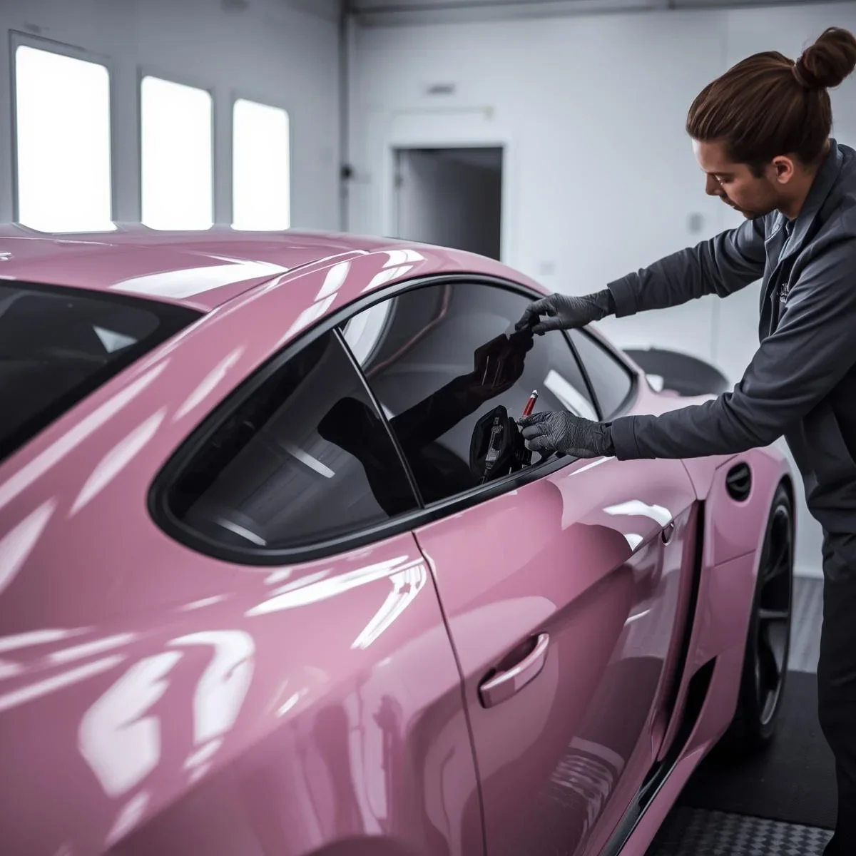 A man working on a pink sports car inside a garage, wearing black gloves and holding tools.