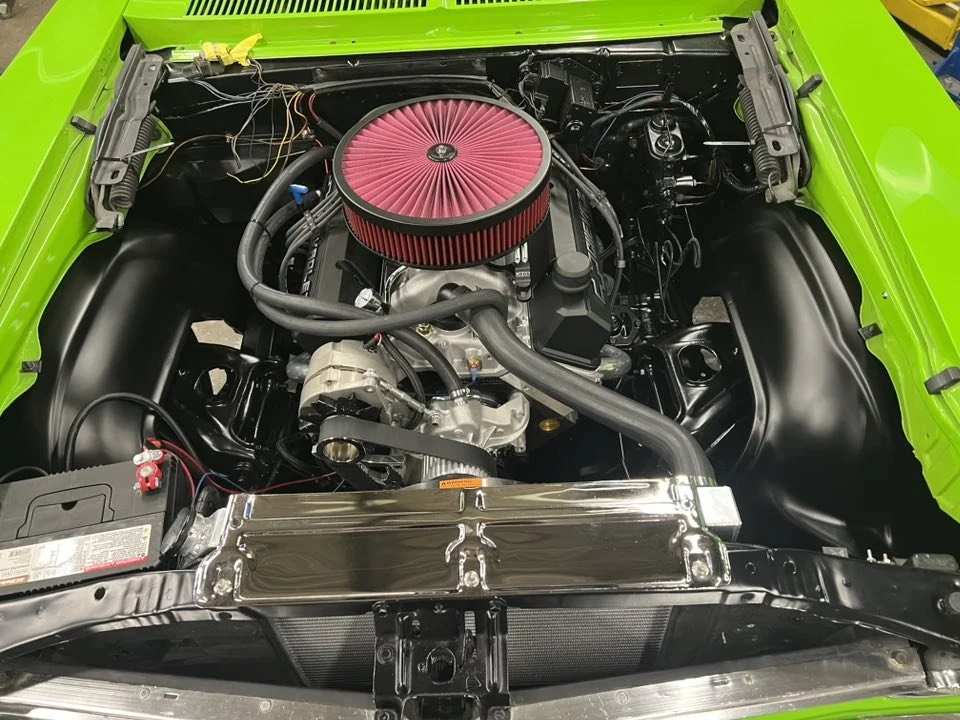 Clean car engine bay with a red air filter, chrome radiator, and black engine components, surrounded by a green body.