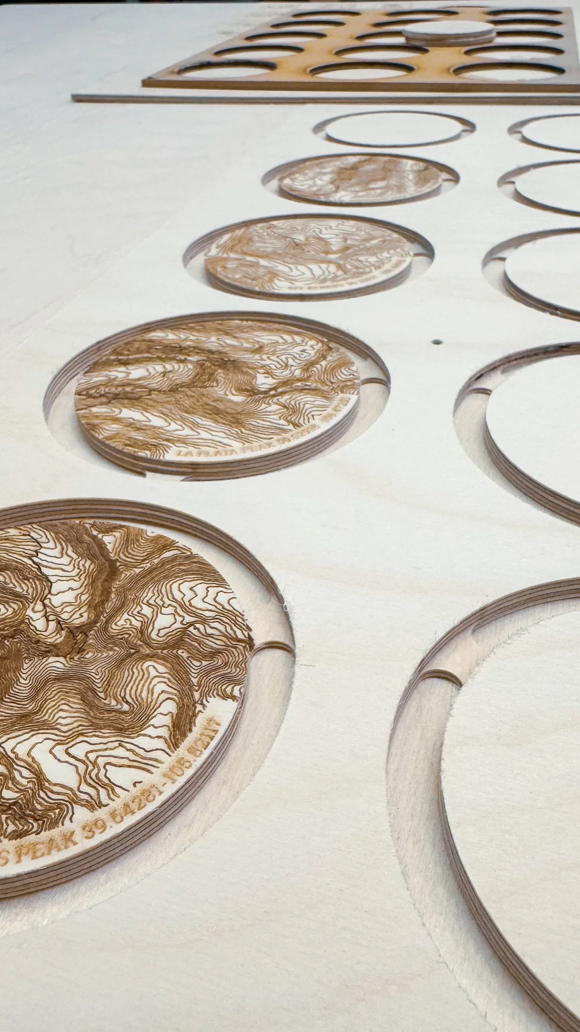 Close-up of a wooden puzzle with circular cutouts, some pieces with swirled brown and white patterns placed beside the cutouts.