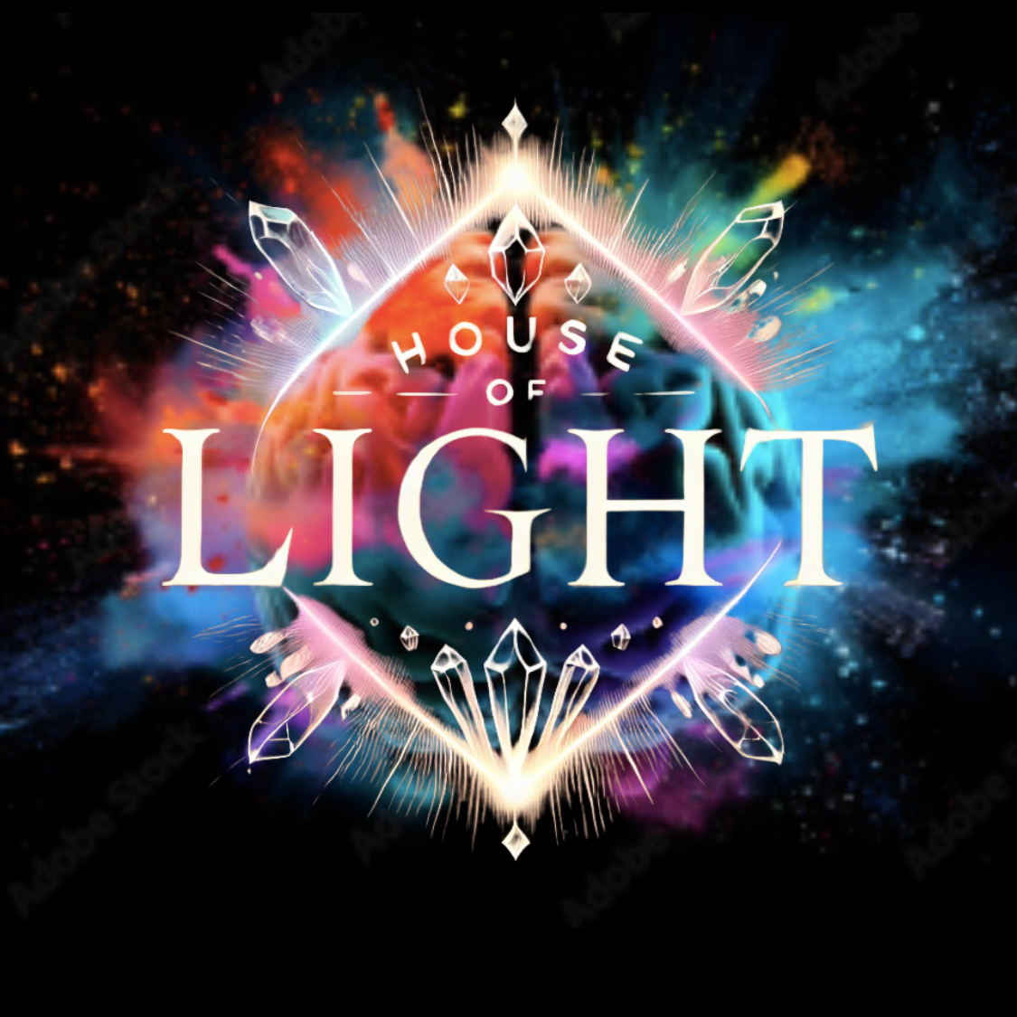 Colorful, cosmic design with the words "House of Light" in the center, surrounded by glowing geometric shapes and crystal-like figures against a black background.