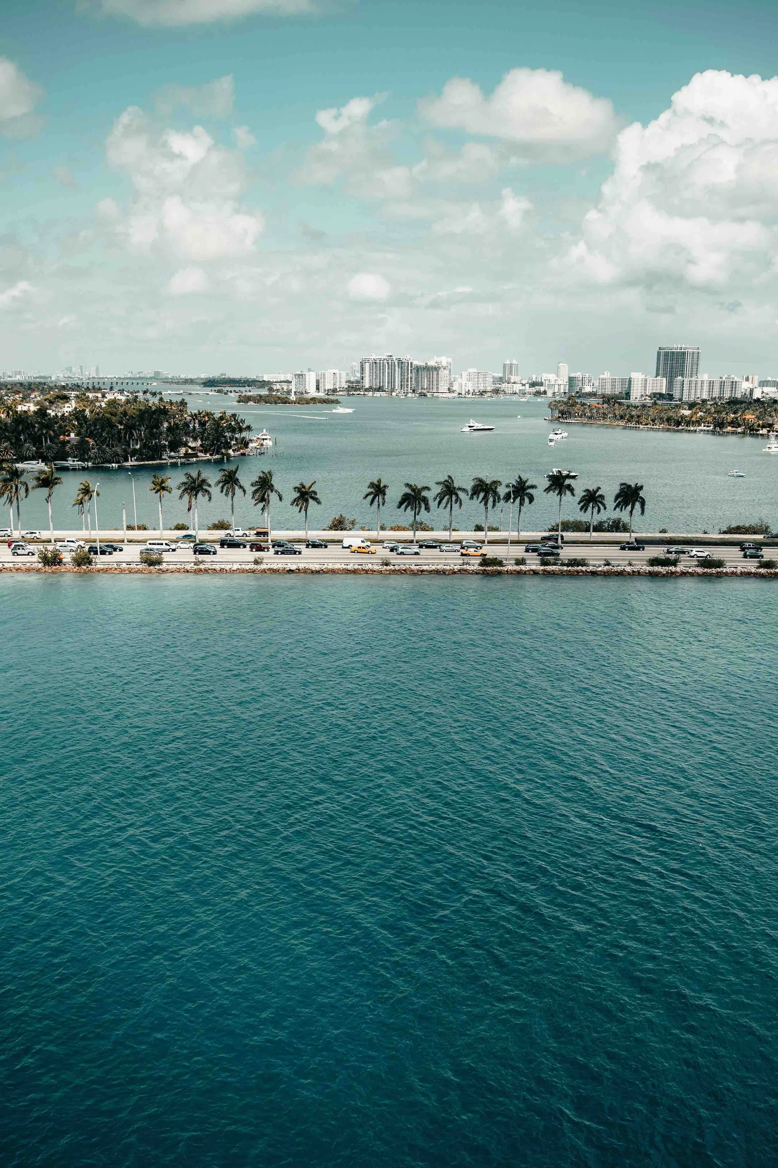 Palm-lined Miami Beach waterfront and turquoise bay, representing therapy Miami Beach and psychoanalytic psychotherapy in a calming coastal setting.
