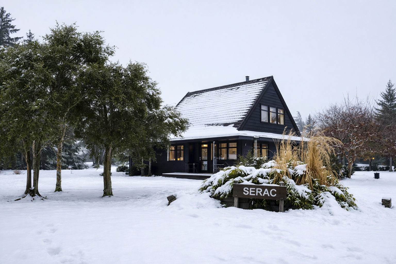 A black wooden house with a snow-covered roof and a porch, surrounded by snow-covered trees and plants, with a sign that reads 'SERAC' in front.