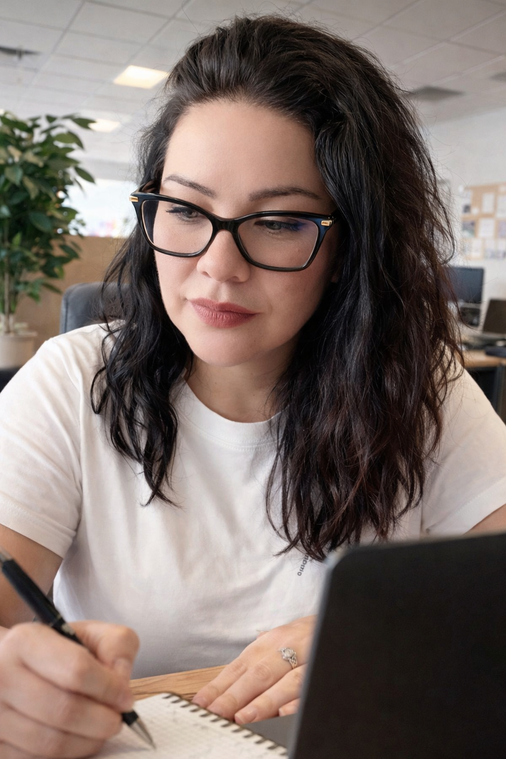 A woman with long dark curly hair and glasses is writing in a notebook at a desk in an office.