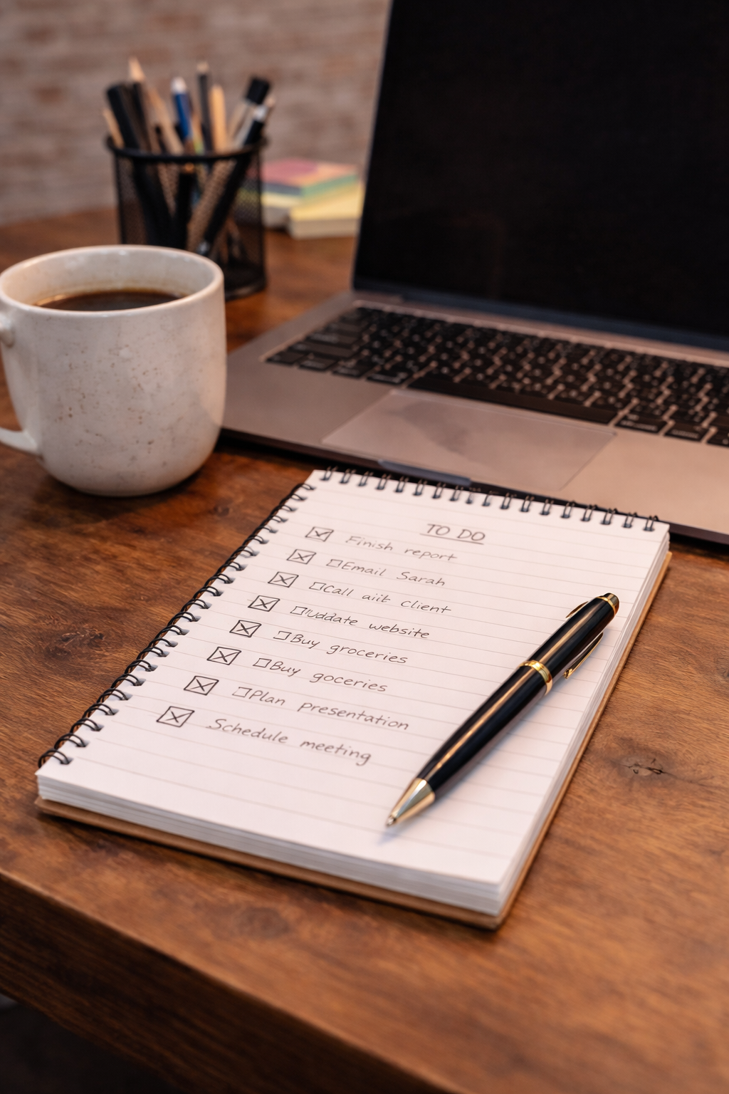 A workspace with a notebook titled "TO DO" filled with tasks checked off.