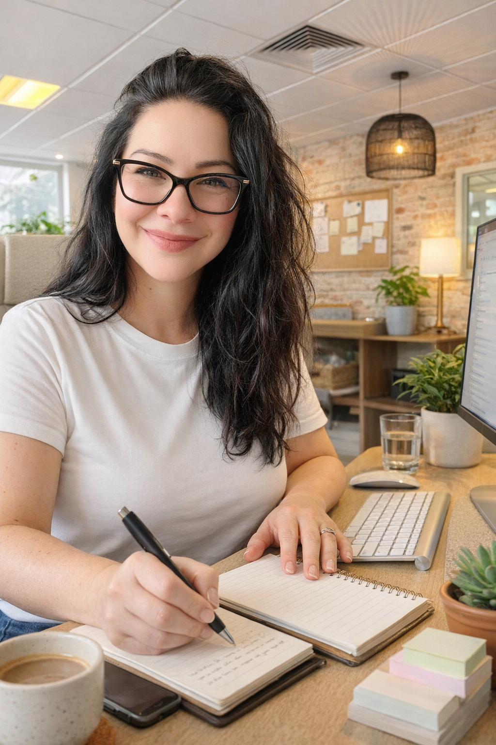 A smiling woman with black hair and glasses working at a desk with a notebook, camera, and computer in a cozy, modern office.