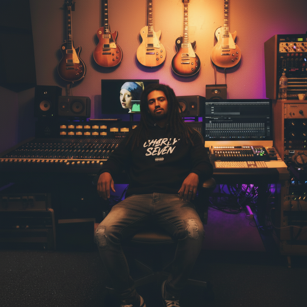 A man with dreadlocks sitting in a recording studio surrounded by musical equipment, with guitars hanging on the wall behind him and a computer monitor in front of him. Mixing and mastering