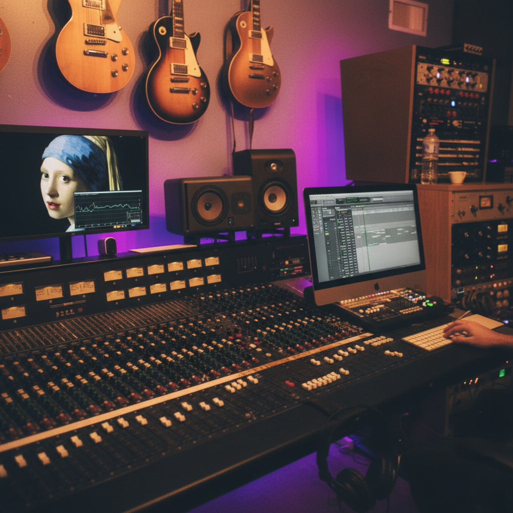 A music studio with hanging electric guitars on the wall, a computer screen displaying music production software, studio monitors, and audio equipment, illuminated by purple lighting. Mixing and mastering