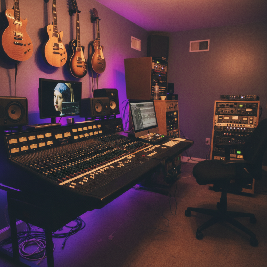 A music recording studio with guitars hanging on the wall, a mixing console, computer monitors, and audio equipment. Mixing and mastering