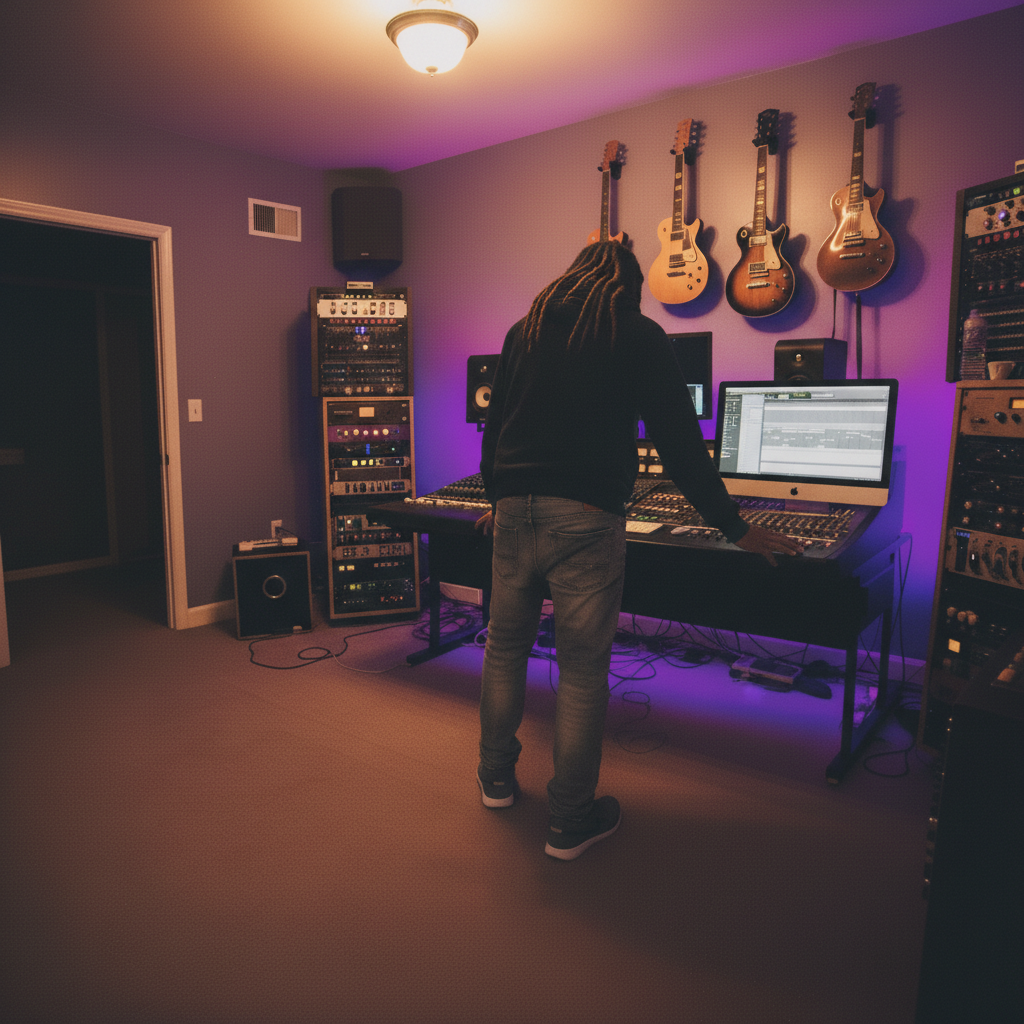 A person with dreadlocks using a computer in a music studio with guitars hanging on the wall and equipment on shelves. Mixing and mastering