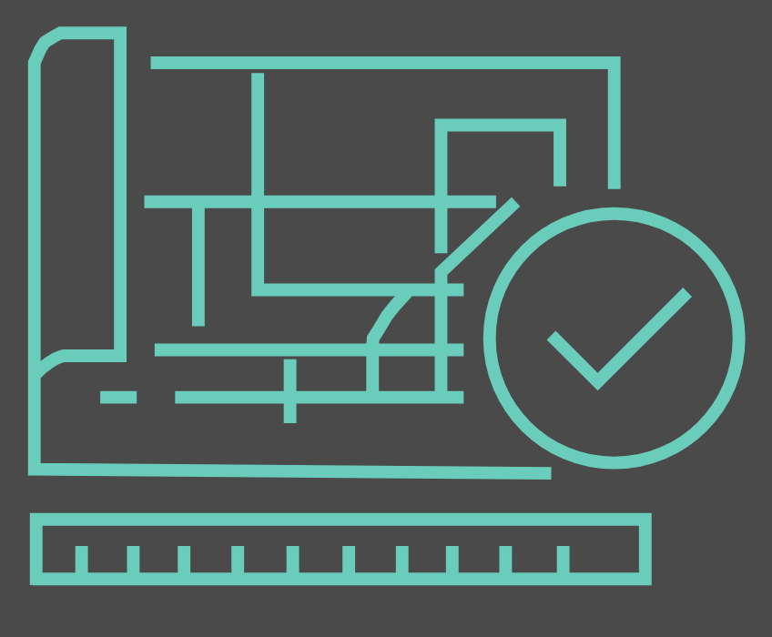 Geometric drawing of an outline square with sections divided by vertical, horizontal, and half circle lines.