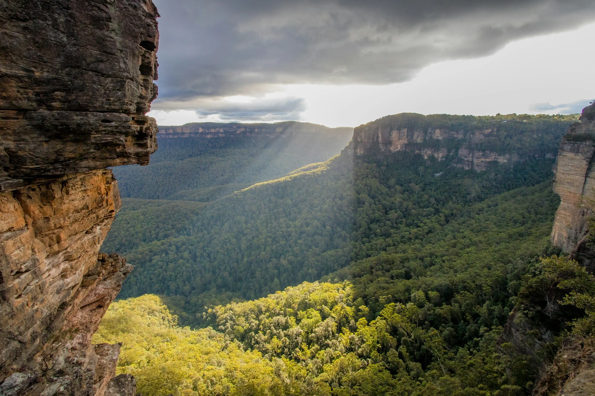 View of a deep valley flanked by steep cliffs with a forest below and clouds in the sky