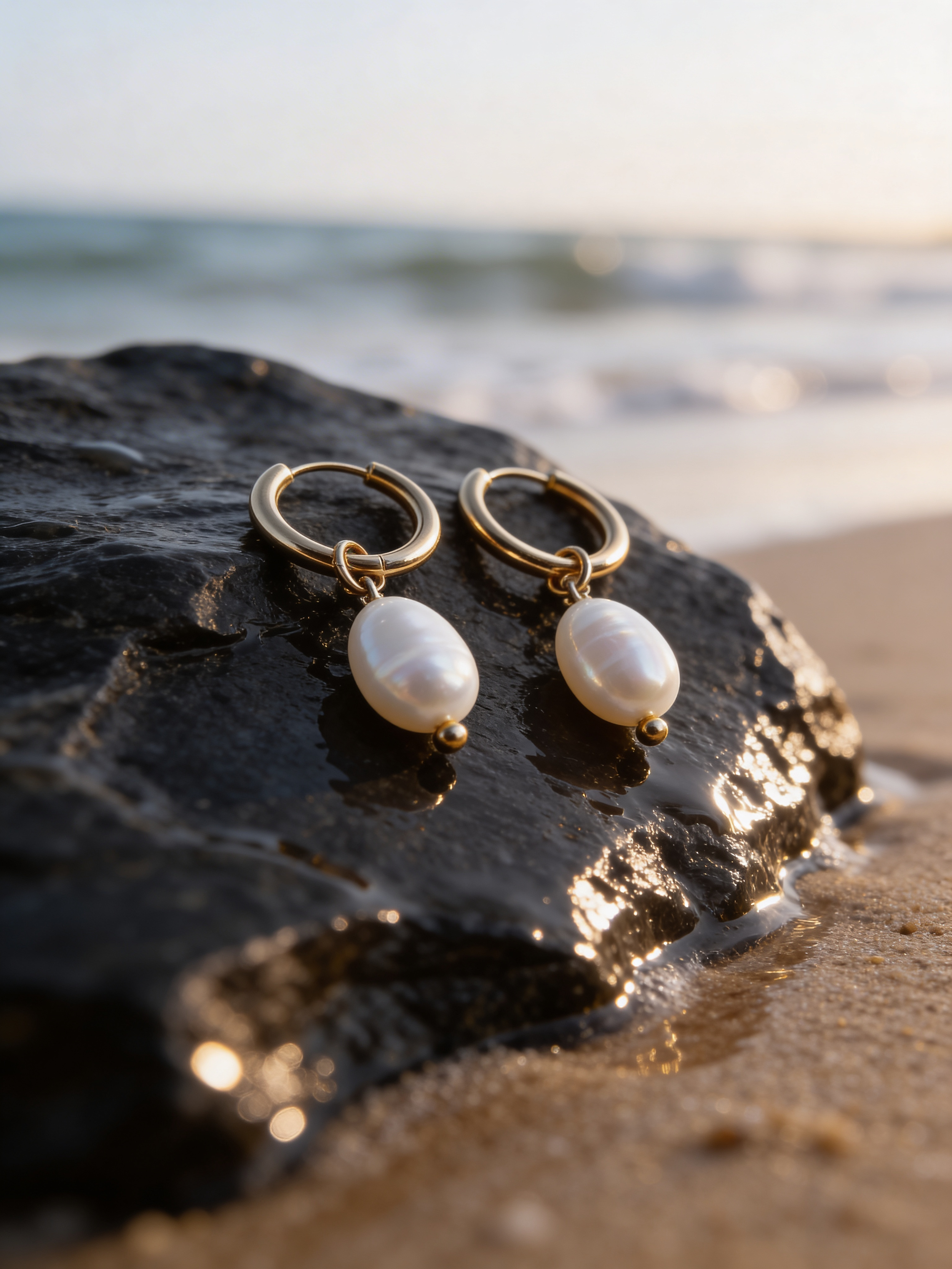 Gold hoop earrings with pearl drops on a wet black rock at the beach during sunset.