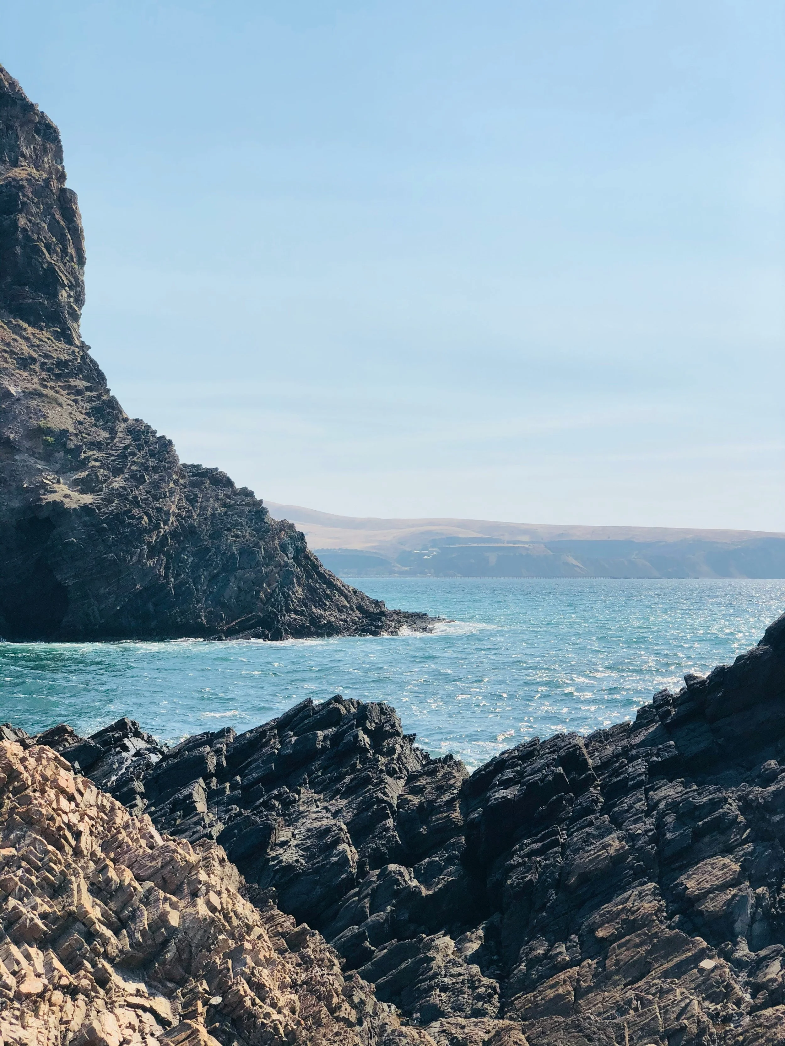 Rocky coastline with cliffs and ocean, with land in the distance under a clear blue sky.