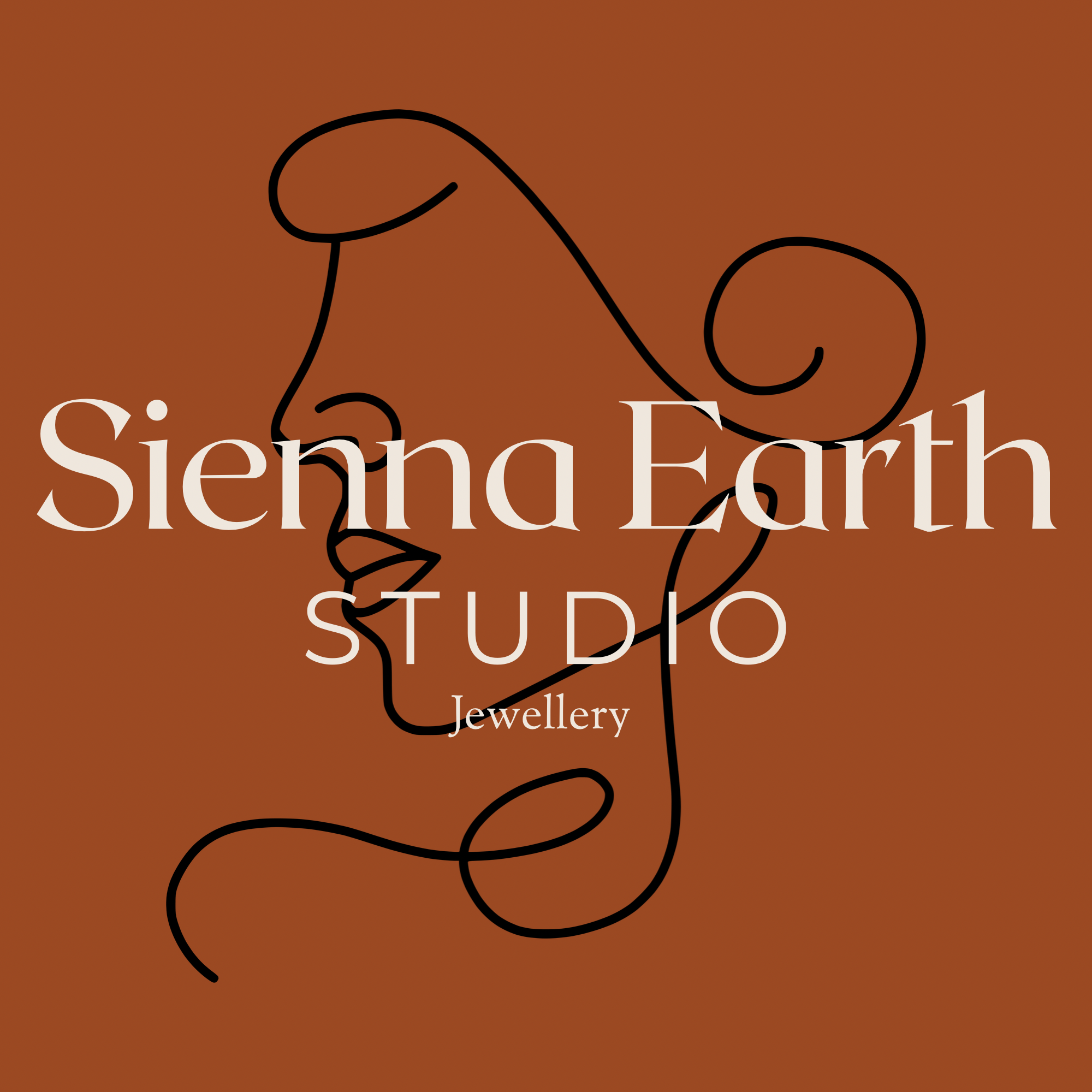 Logo for Siena Earth Studio featuring a stylized line drawing of a woman's face on a brown background with white text reading 'Siena Earth Studio Jewellery'.