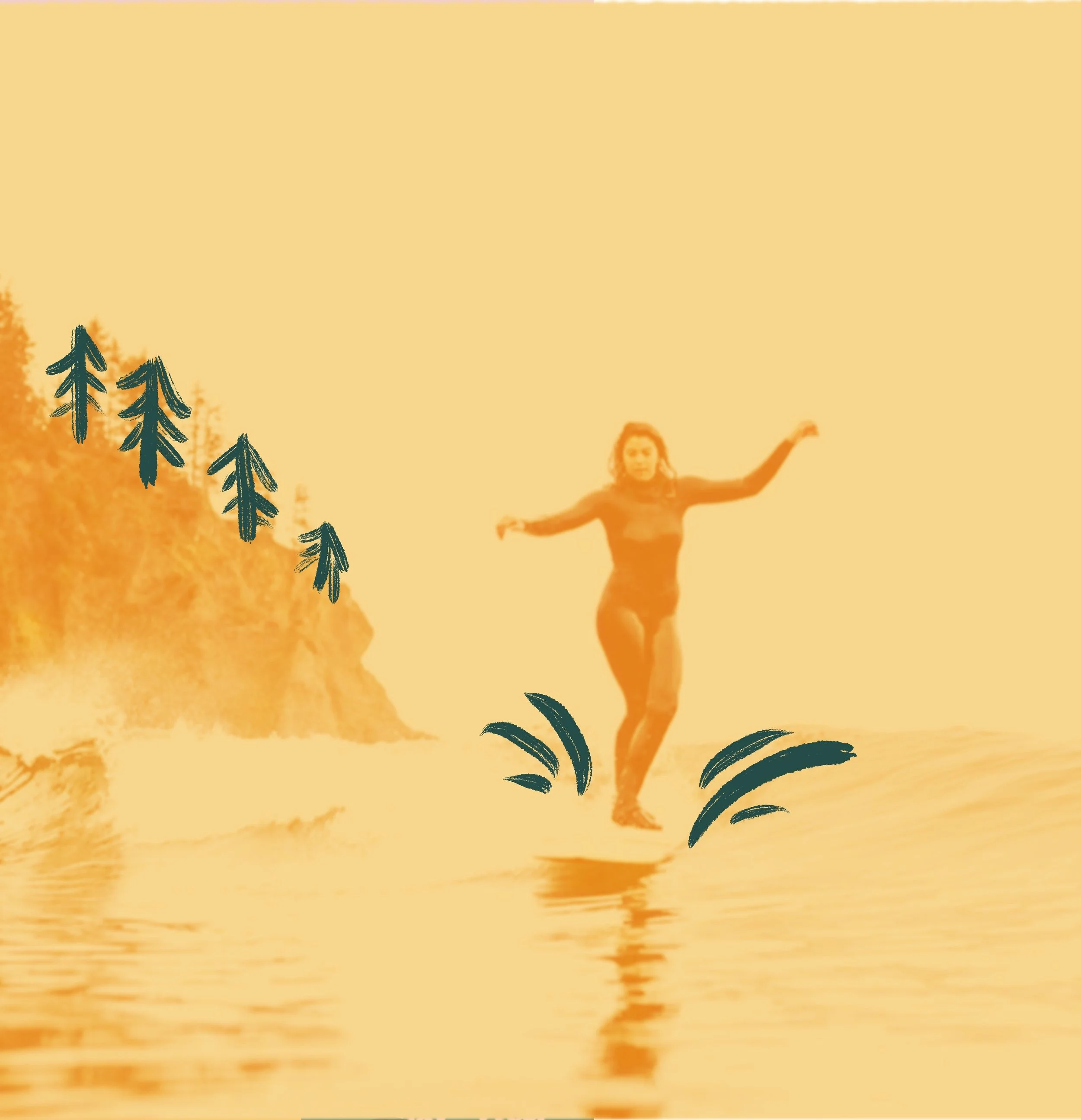 A person is standing on one leg near a body of water, arms outstretched, with a forest of pine trees and orange sky in the background.
