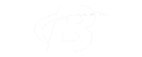 A black background with a white logo featuring a stylized letter 'B' and a swoosh design.
