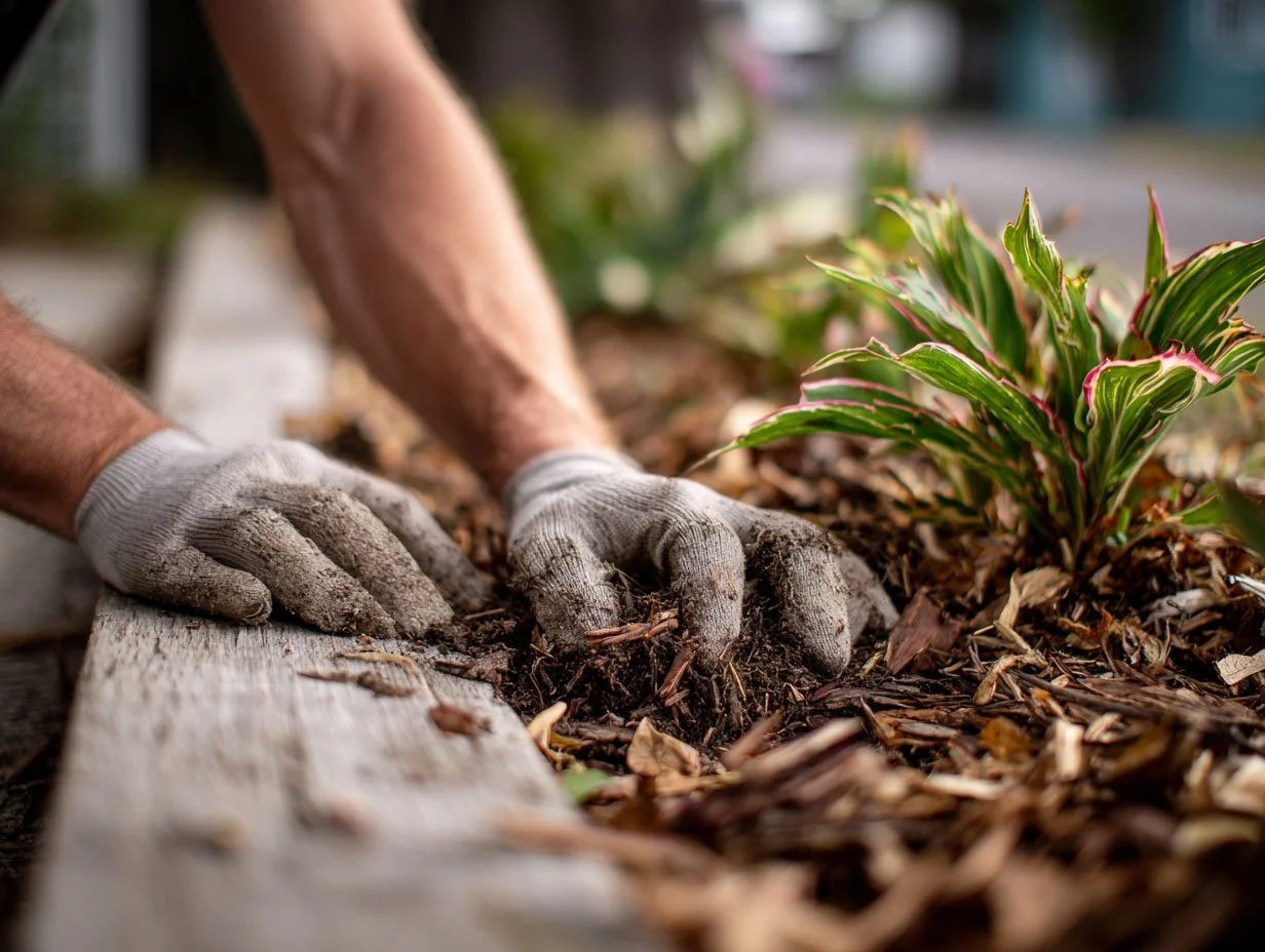 Man spreading mulch on ground with gloves