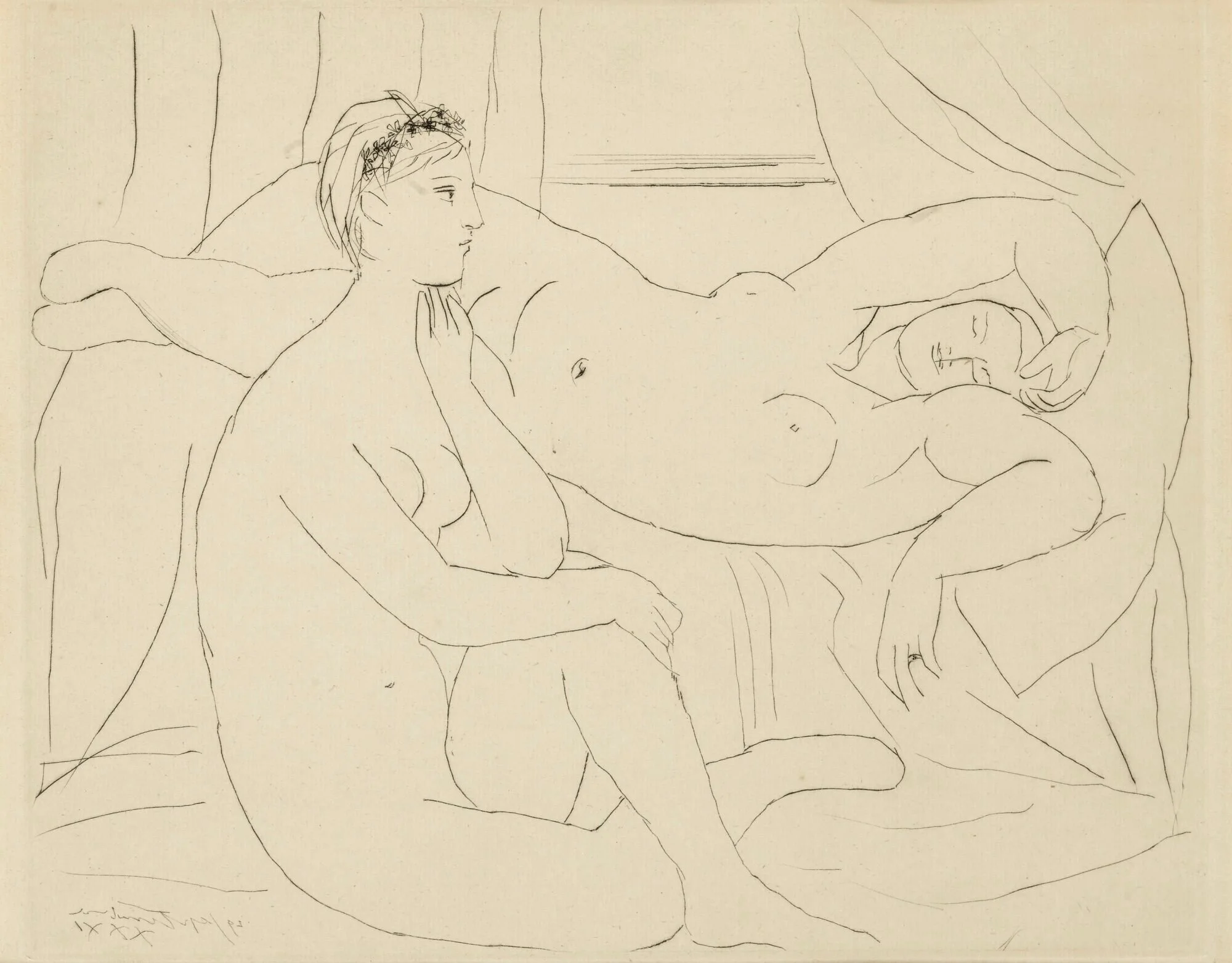 Picasso and Diòniso must have been very close friends, because of the habit they share: getting loose from the ties of civilization. Deux femmes se reposant, reunited with an original peace.