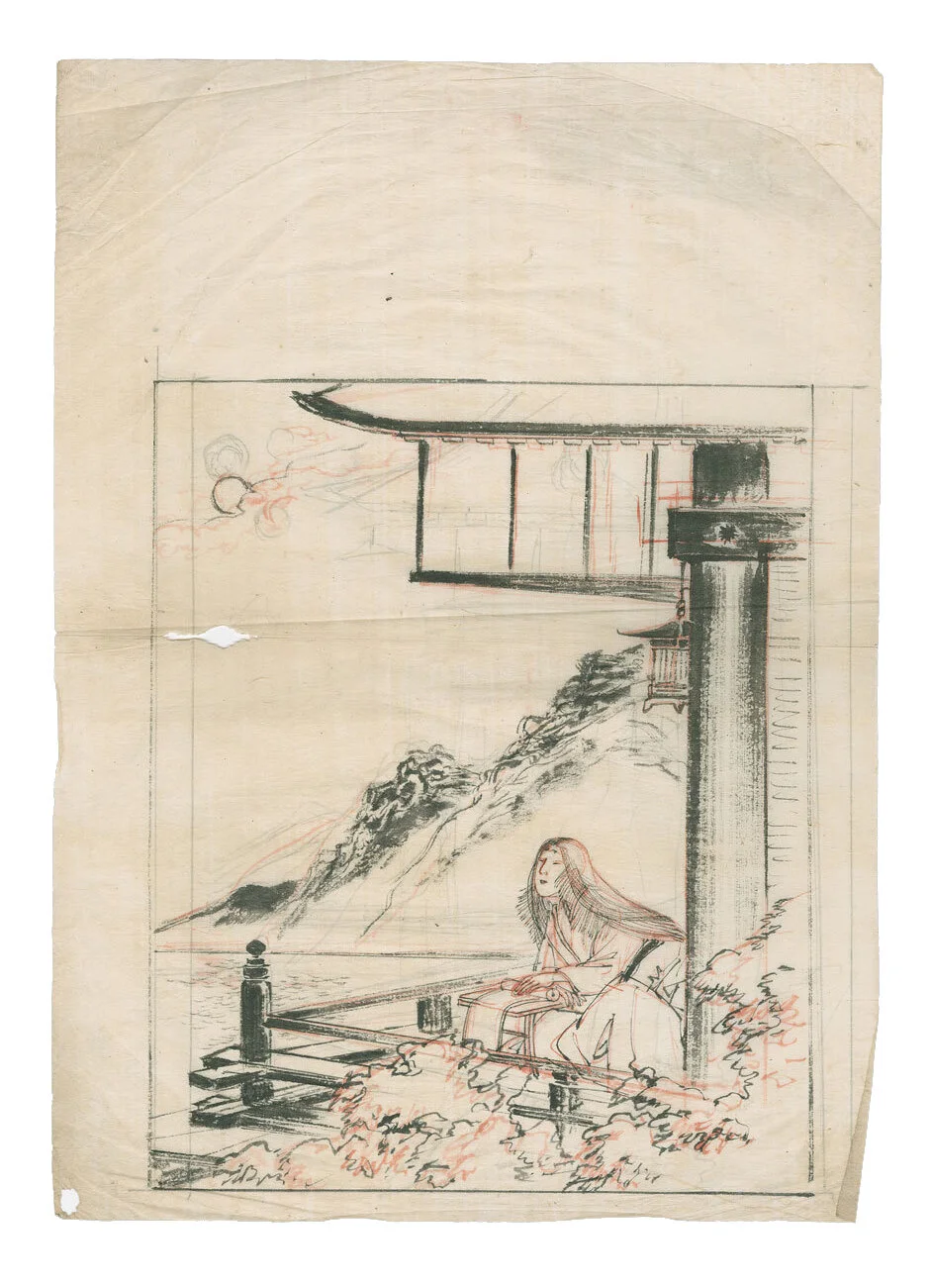 In this drawing, an anonymous artist portrays the writer Murasaki Shikibu while sitting on the veranda contemplating the lake. It is interesting to note that traditional materials have the power to evoke an era in which the relationship between people and Nature was more direct and continuous.