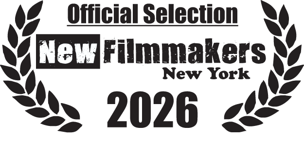 Graphic design with the words "Official Selection" at the top, "New Filmmakers" featuring a distressed font, "New York," and the year "2026," surrounded by laurel branches.