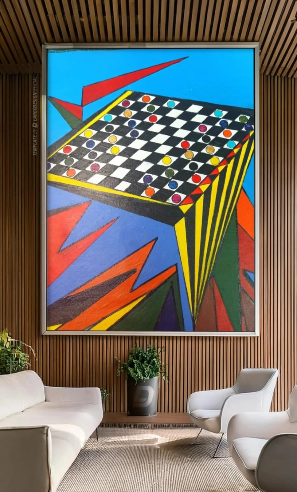 Dipinto astratto di una scacchiera con pezzi di vari colori, con linee geometriche e colori vivaci, su una parete in legno.