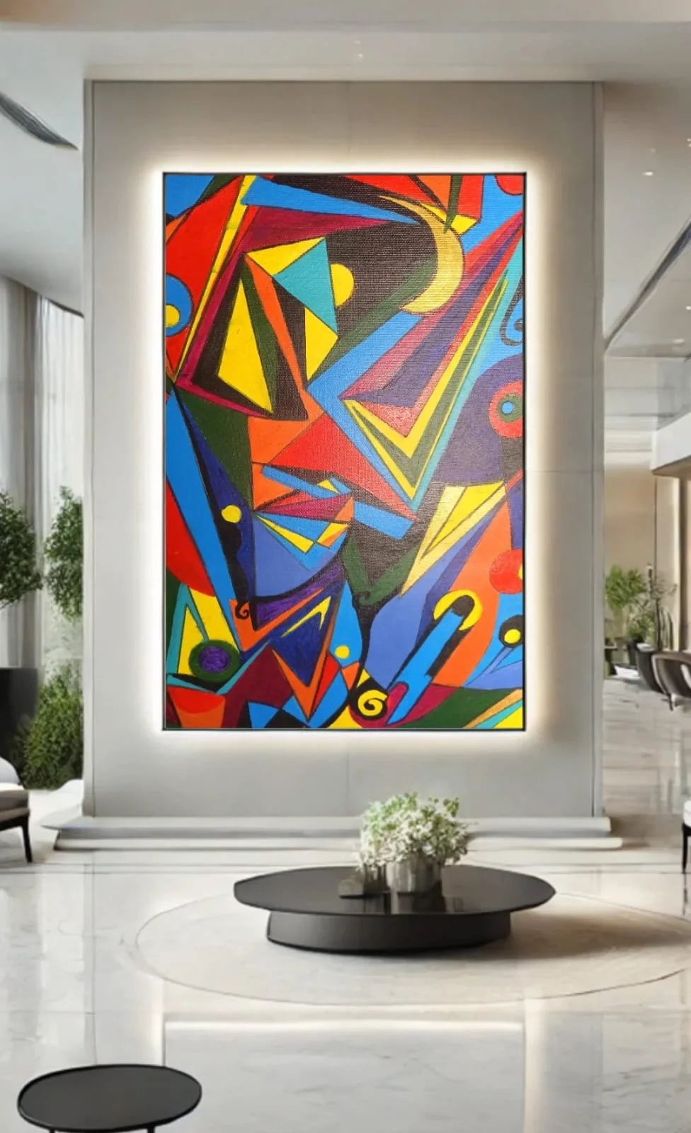 Un dipinto astratto con forme geometriche vivaci e colori brillanti, esposto in un ambiente moderno con mobili eleganti e grandi finestre