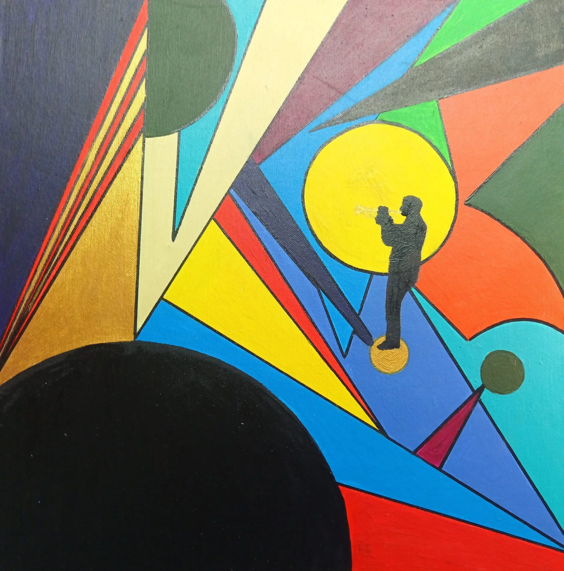 Dipinto astratto con figure umane nere, cerchi e forme geometriche colorate come blu, rosso, verde, giallo e arancione.