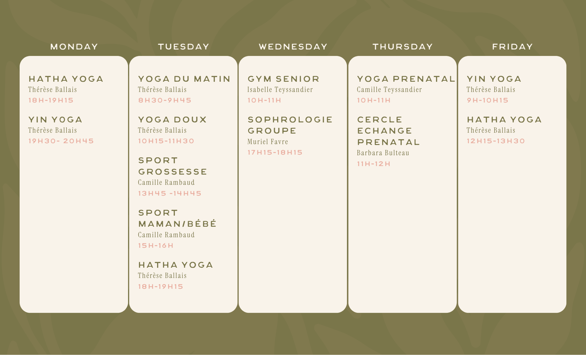Un planning hebdomadaire de cours de yoga pour la semaine, avec différents styles et horaires, organisé par jour de la semaine.