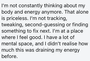 Text on a white background expressing a mental health reflection on avoiding obsessive body image and focusing on mental space and energy.