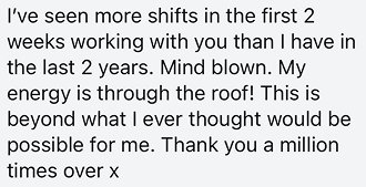 Text message expressing appreciation for someone during challenging work shifts, highlighting positive energy and gratitude.