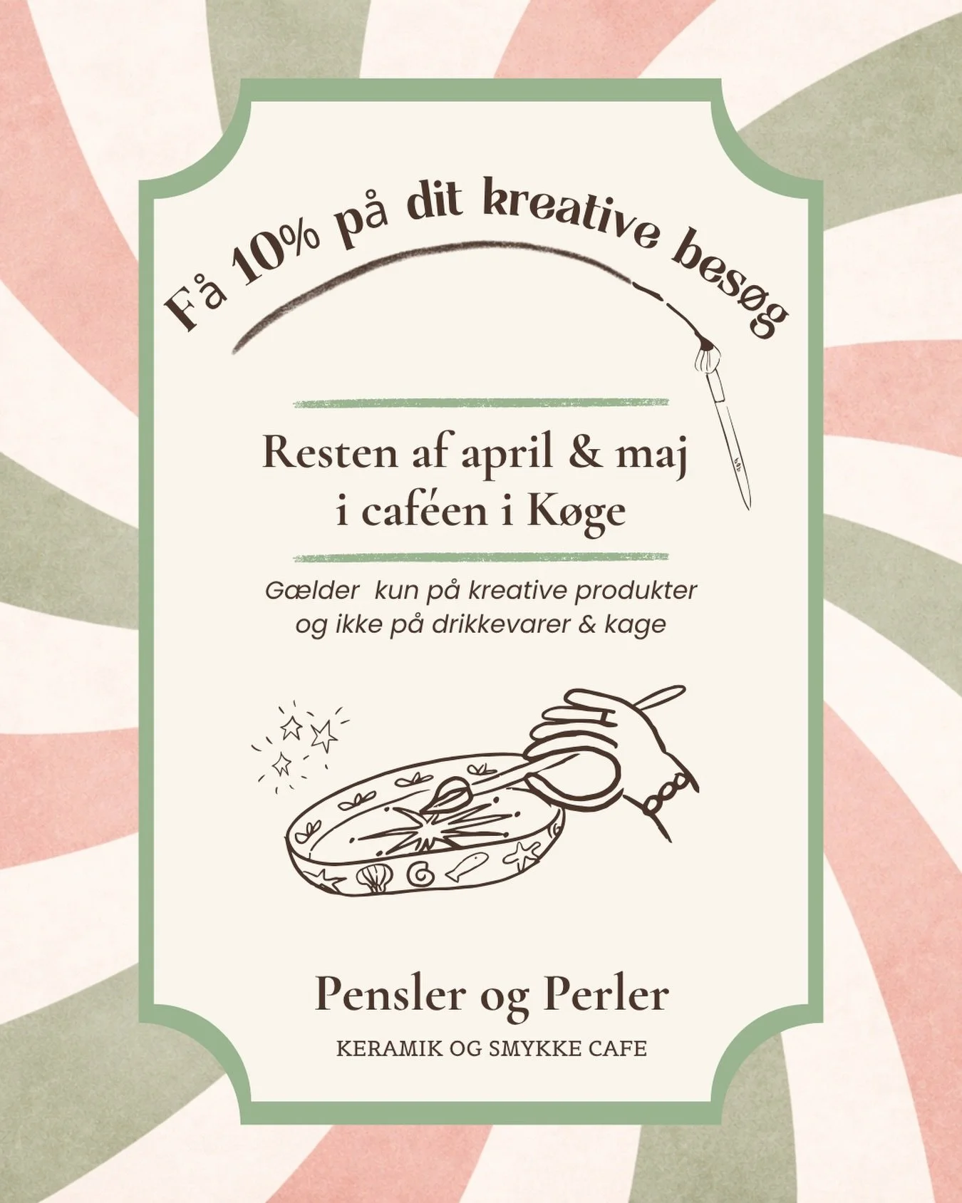 K&oslash;ge tog s&aring; godt imod os til vores &aring;bning i p&aring;sken &ndash; og det vil vi gerne sige tak for 💛

Derfor f&aring;r du resten af april og maj
10% p&aring; alle kreative oplevelser i vores caf&eacute; i K&oslash;ge

Vi gl&aelig;d
