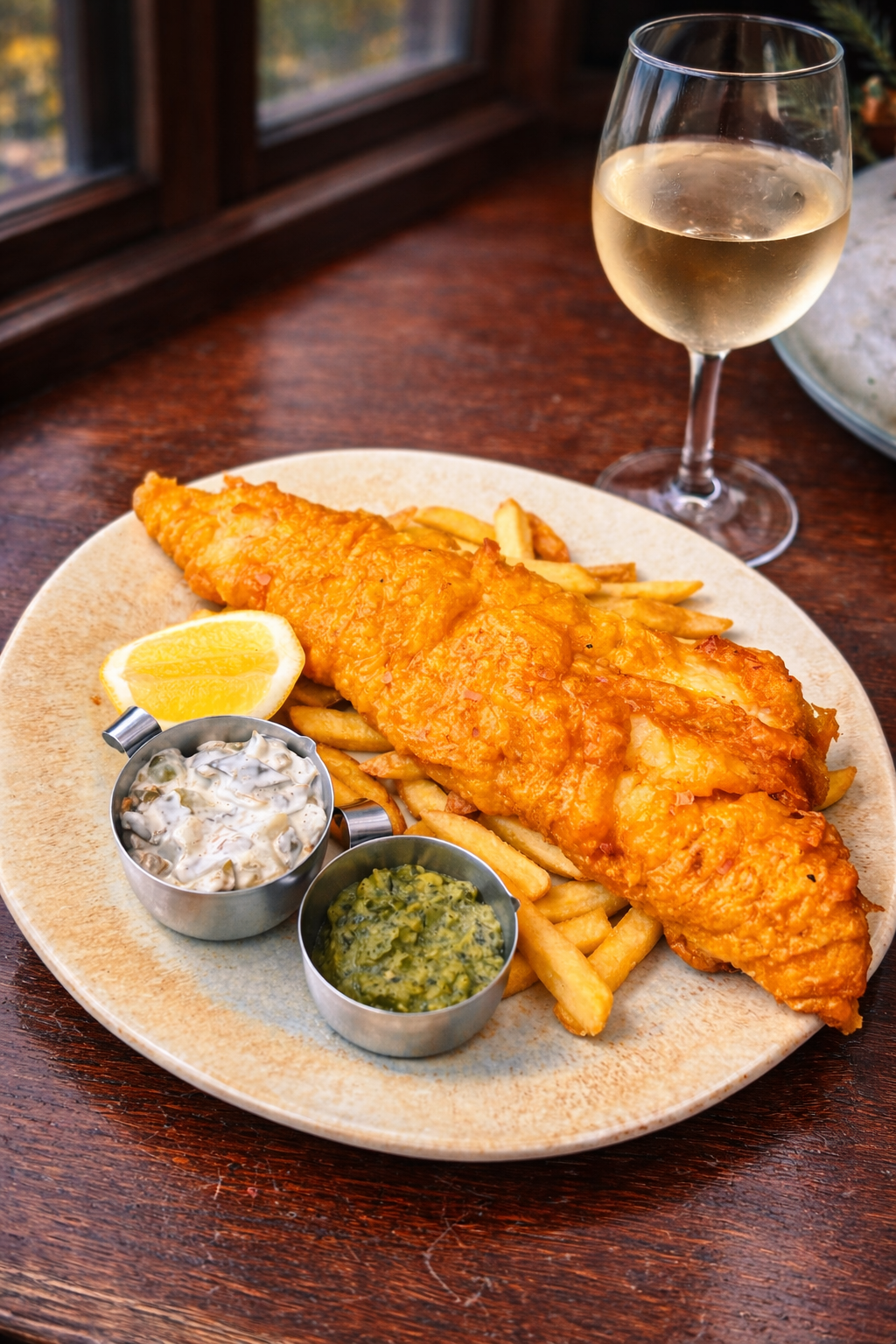 Plate with fried fish fillet, French fries, lemon wedge, tartar sauce, and green herb sauce; glass of white wine; second dish visible in background near window