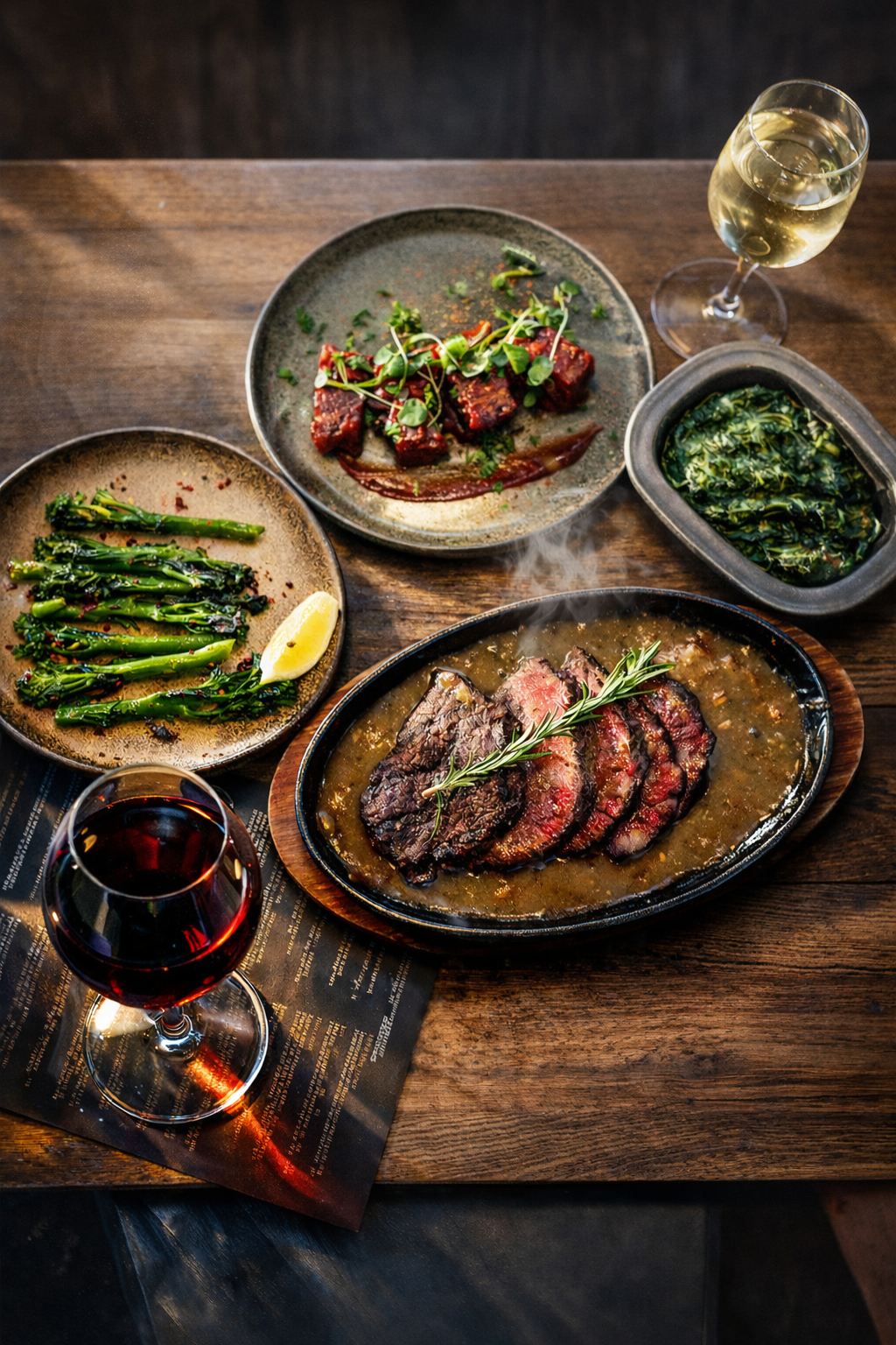 A dinner with a steak, grilled asparagus, spinach, and short ribs, accompanied by a glass of white wine and a glass of red wine.