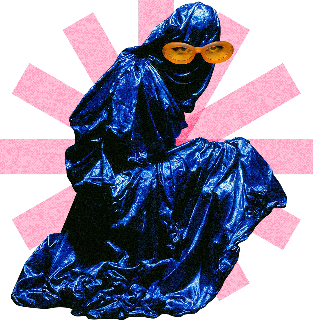 A person wearing a shiny blue hooded cloak and yellow sunglasses, sitting against a pink and black abstract background.