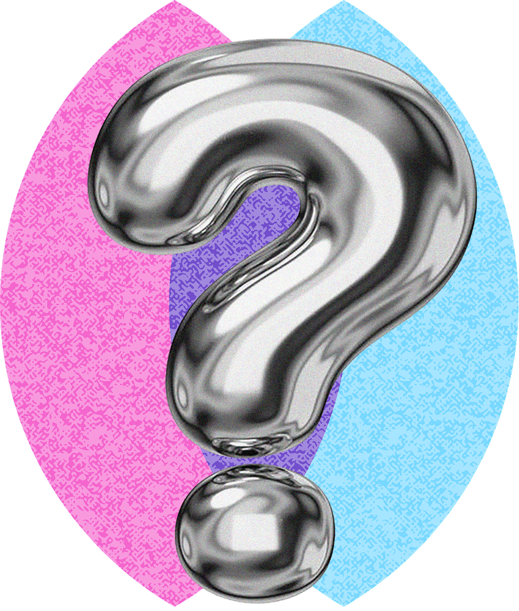 A large metallic silver question mark with a shiny surface, set against a pastel-colored background with pink, purple, and blue sections.