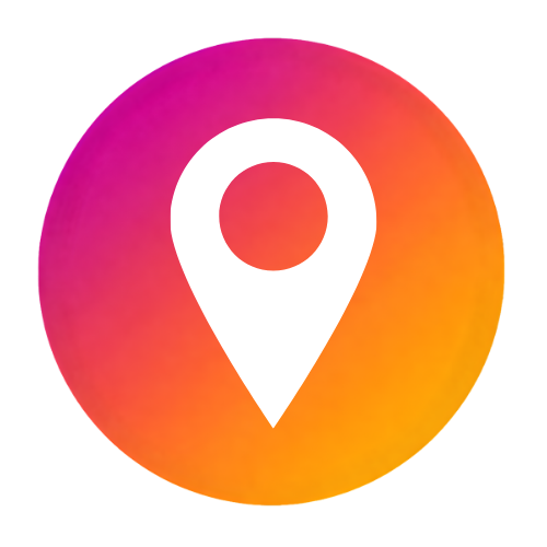 Icon of a location pin in a gradient orange and pink circle, representing location or map.