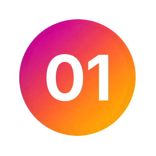Colorful circular graphic with the number '01' in white, gradient from pink to orange.