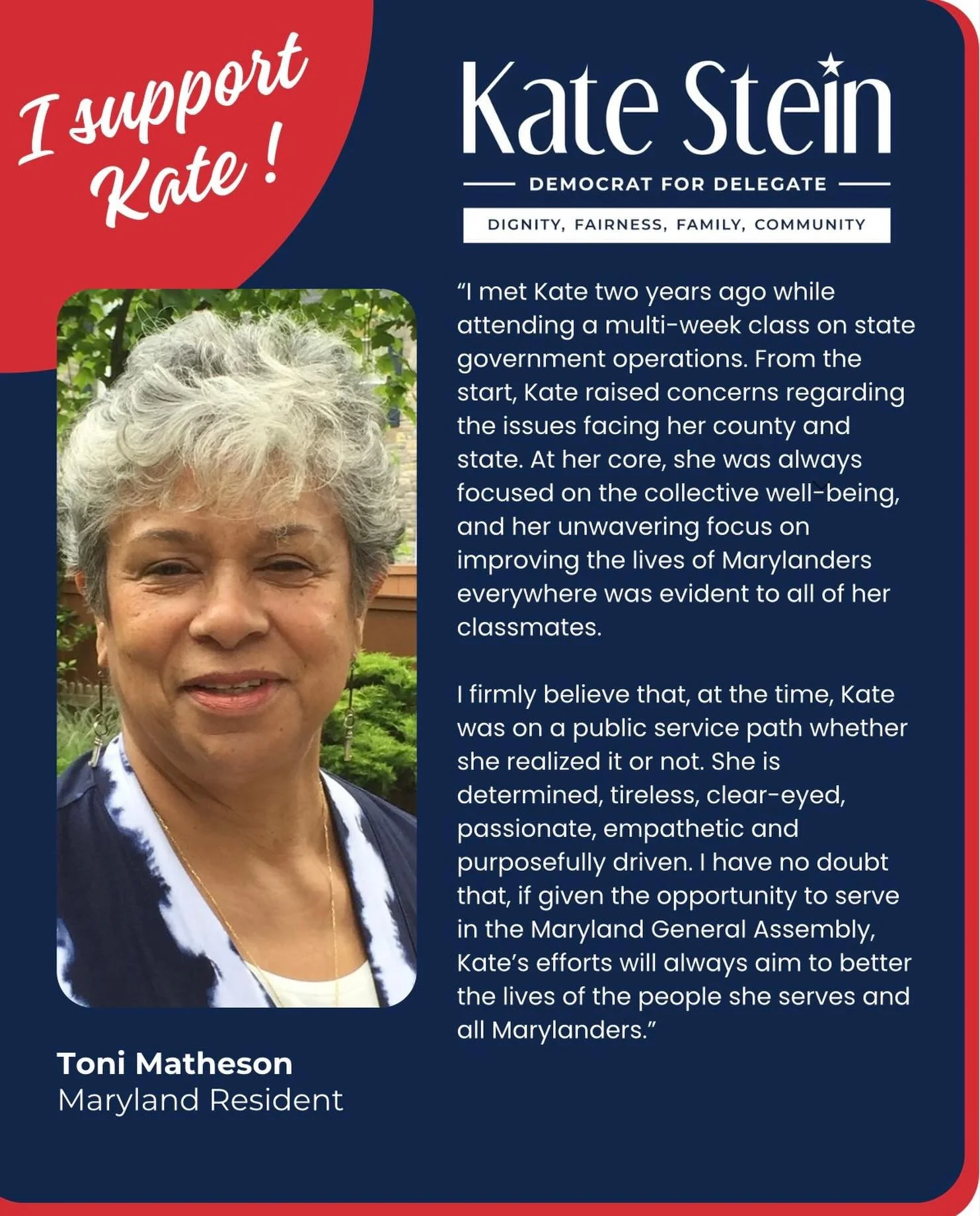 Real leadership earns real trust. Toni&rsquo;s endorsement reflects what so many across Maryland already know: Kate Stein is the advocate our community deserves. #endorsekate #katesteinford18 #d18md #marylanddelegate #moco