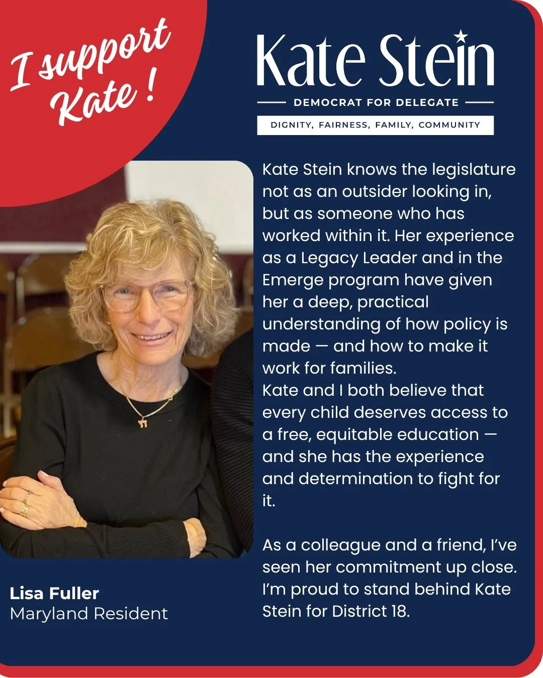 Thank you, Lisa, for your support. This campaign isn&rsquo;t about me, it&rsquo;s a movement. We refuse PAC money, we&rsquo;re fighting to end Maryland&rsquo;s cuts to Medicare and Medicaid, and we&rsquo;re working to ensure people can care for their