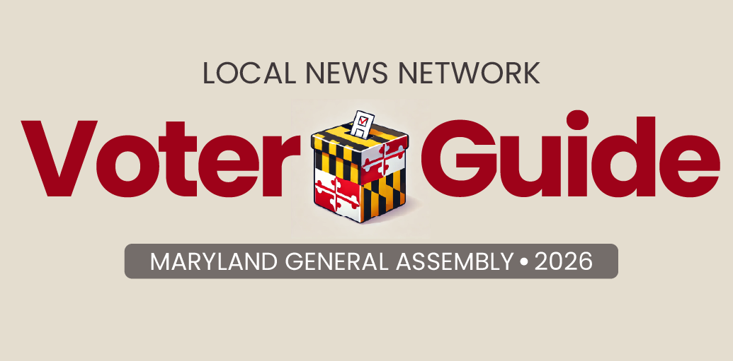Voter guide for Maryland General Assembly 2026, published by a local news network, featuring a ballot box with Maryland and Maryland flag symbols.