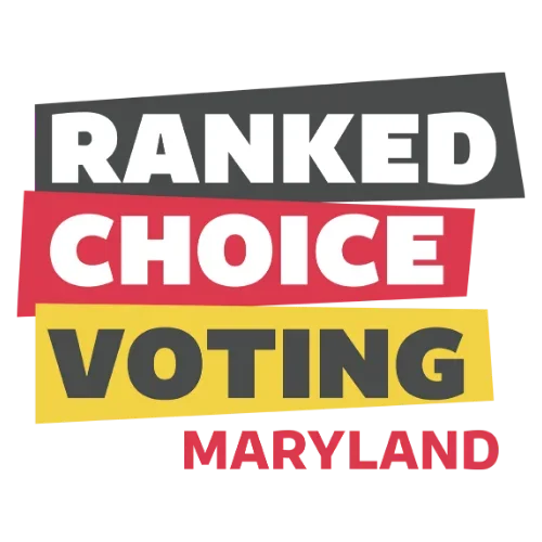 Text graphic that reads "Ranked Choice Voting Maryland" with each word in different colored banners: white for RANKED, red for CHOICE, yellow for VOTING, and red for MARYLAND.