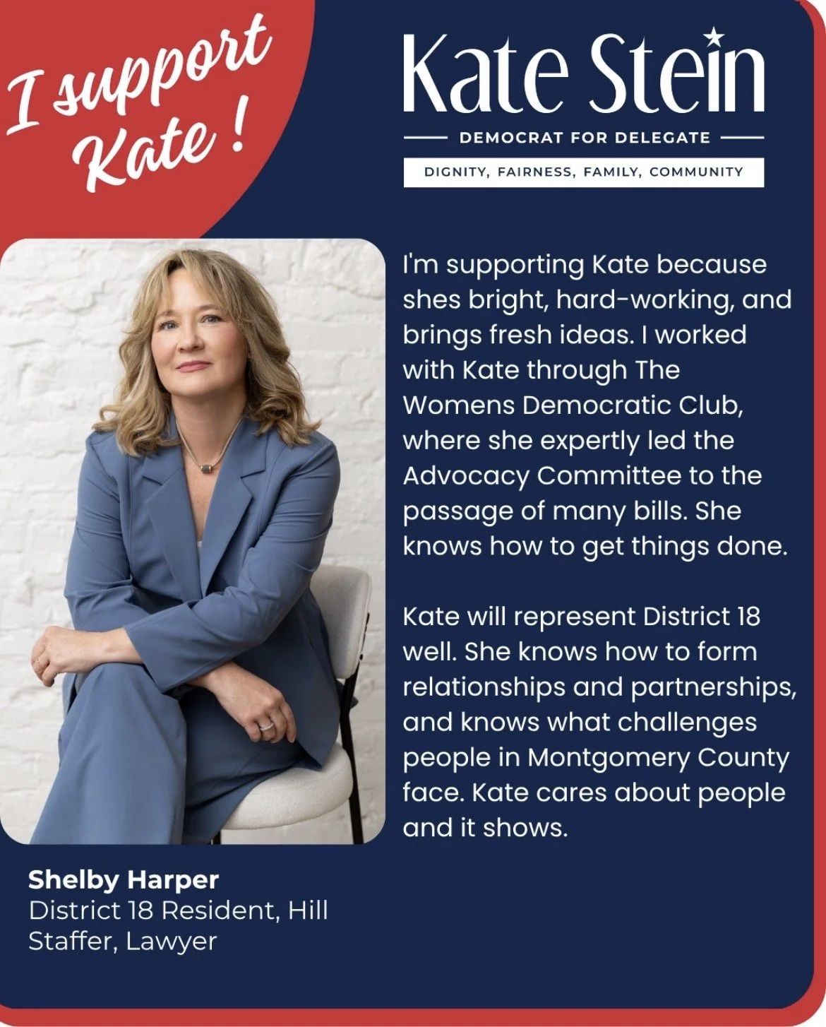 Shelby Harper, a woman with shoulder-length blonde hair, sitting in a blue suit, with a white brick background. Text highlights her qualities and background.